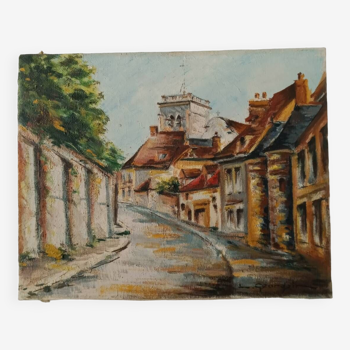 Village street painting oil on canvas signed