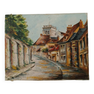 Village street painting oil on canvas signed