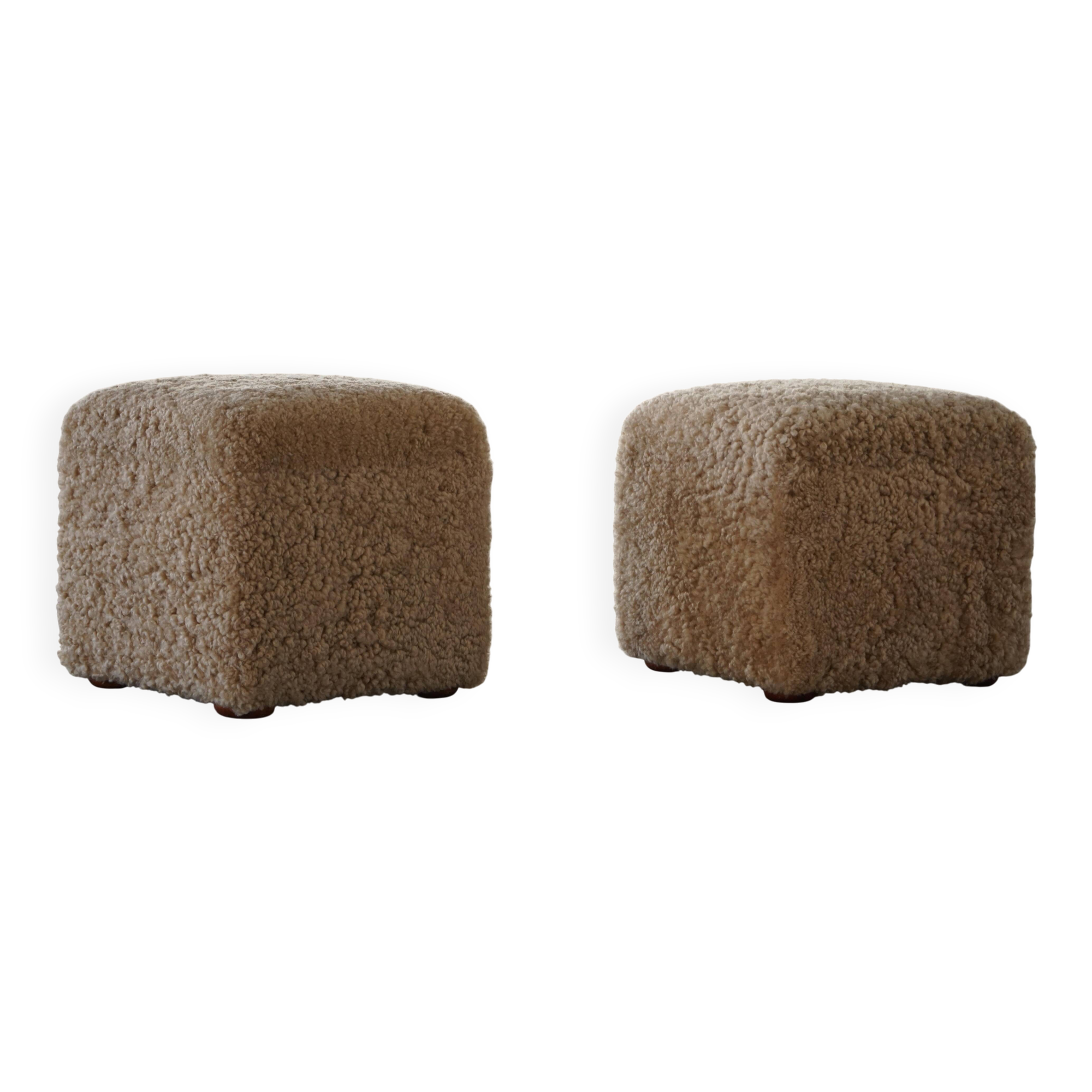 French mid-century cube poufs, a pair of lambswool stools, 1960s.