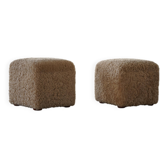 French mid-century cube poufs, a pair of lambswool stools, 1960s.
