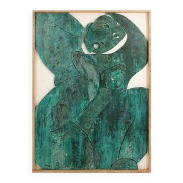 Relief panel "Step out of the frame!" in patinated wood. Contemporary.