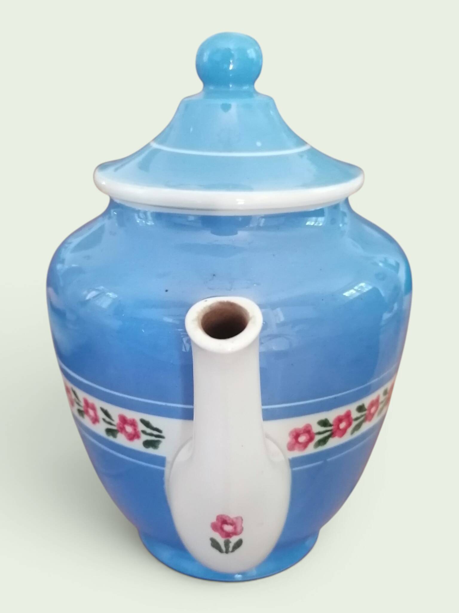 Service à thé en faience ancienne bleu et rose. Sarreguemine 1950