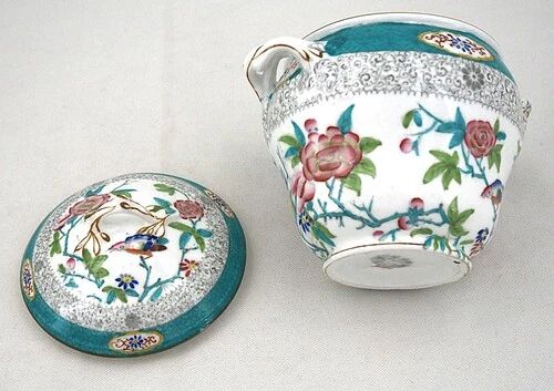 Minton porcelain sugar bowl, decor 3084 Cuckoo, blue cuckoo, excellent condition.