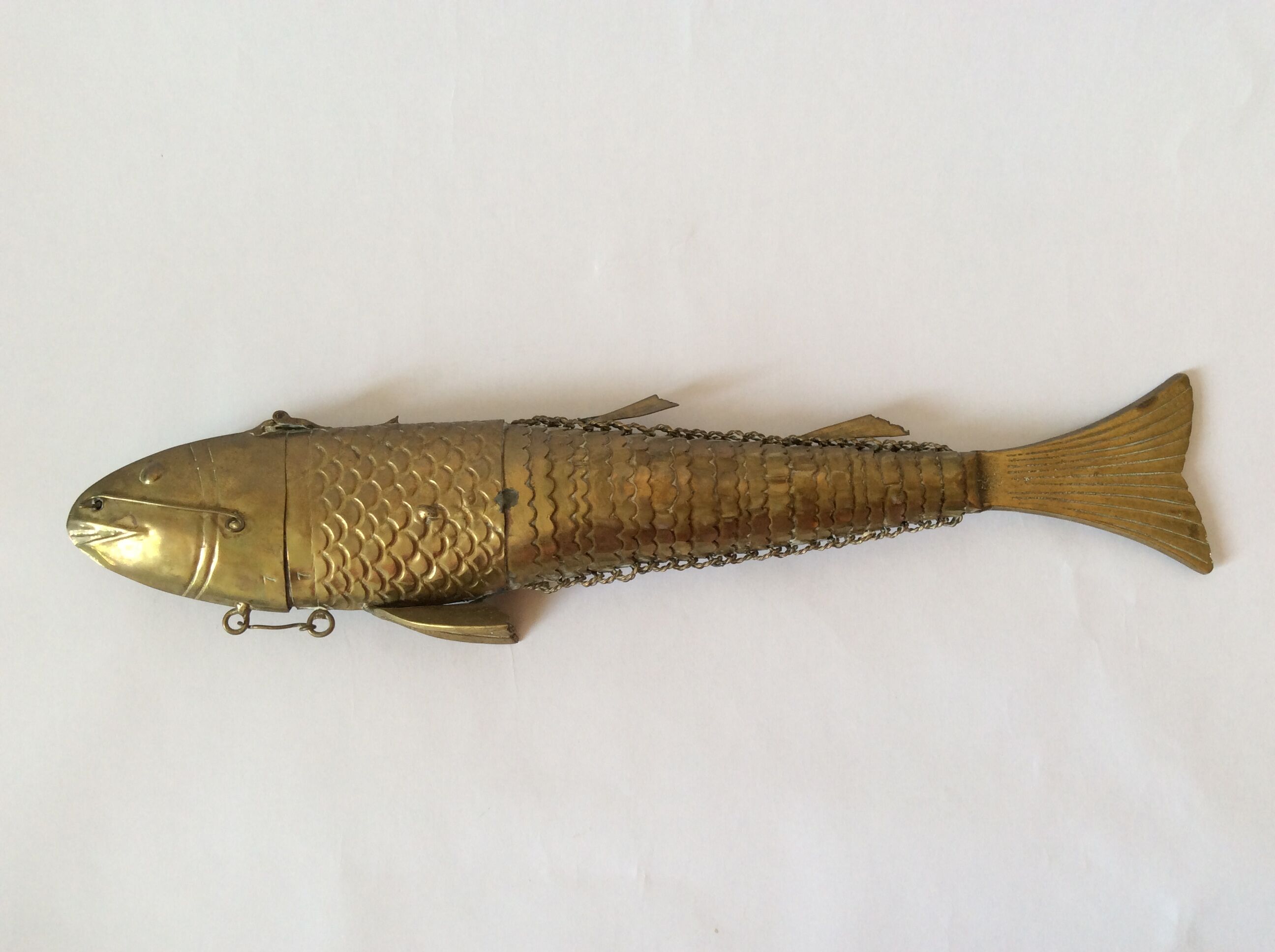 Old articulated brass fish box