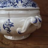 Vintage earthenware soup tureen Sarreguemines Derby series 1920 Blue and white