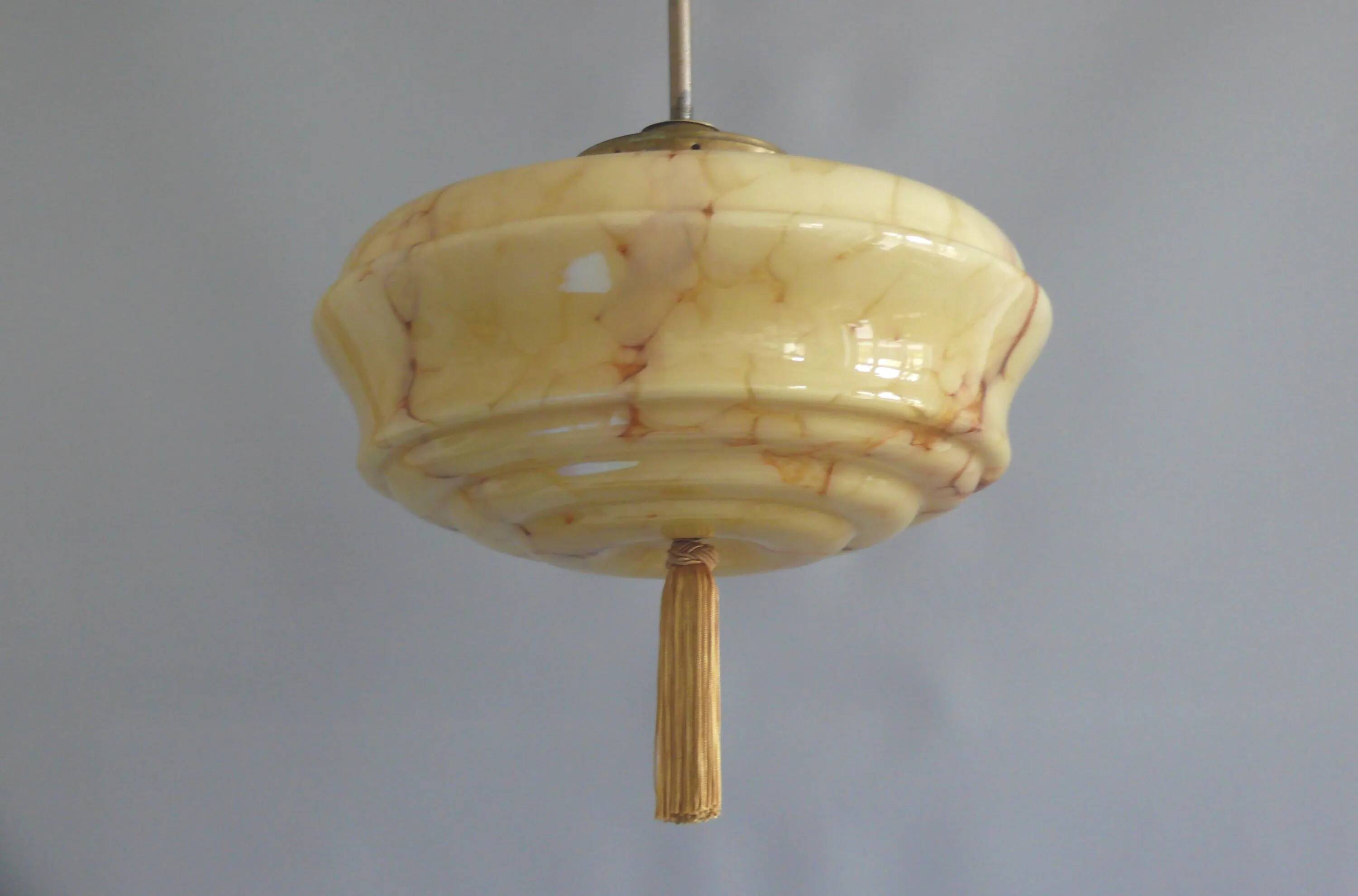 Art Deco rod pendant lamp with marbled glass shade, Germany 1930s