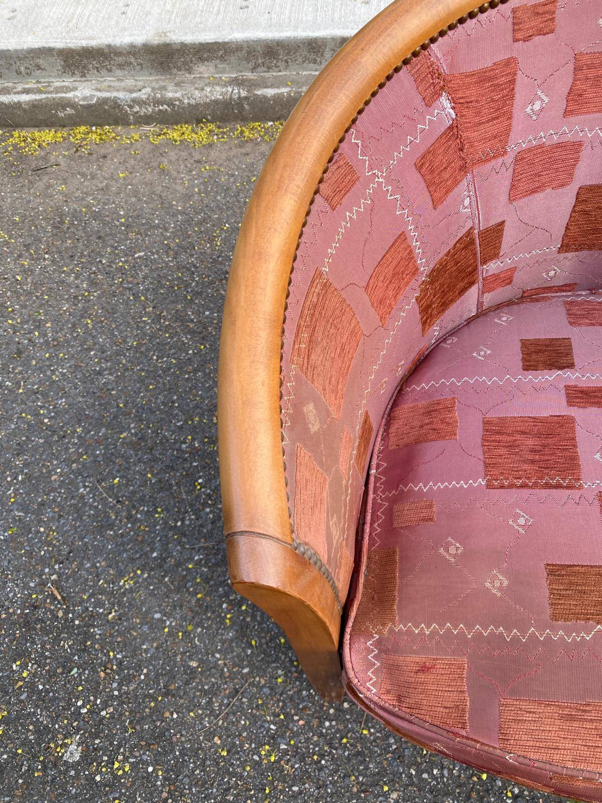 2 club chairs in curved solid wood and embroidered silk burgundy fabric.