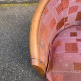 2 club chairs in curved solid wood and embroidered silk burgundy fabric.