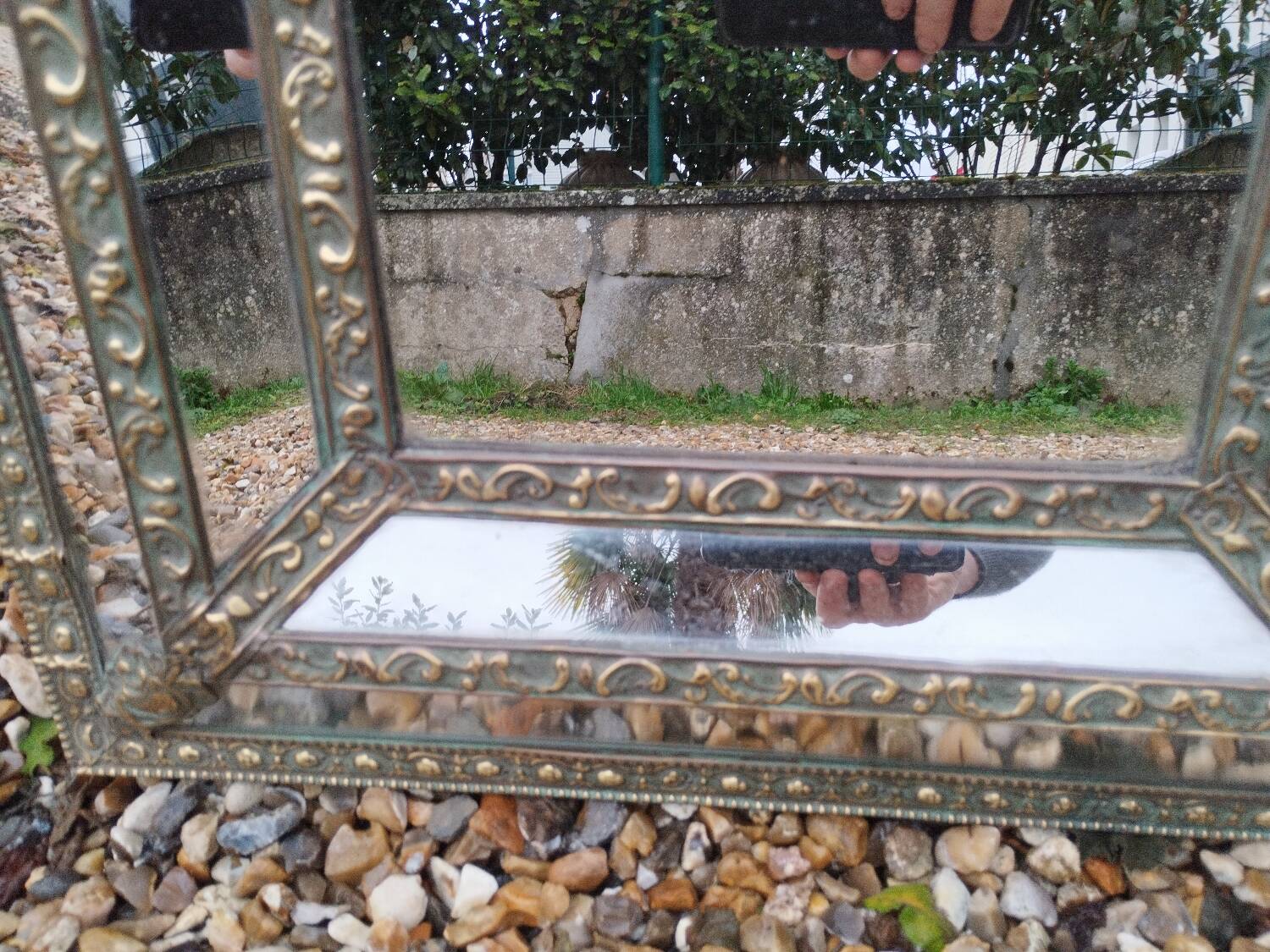 Antique mirror with copper moulding.