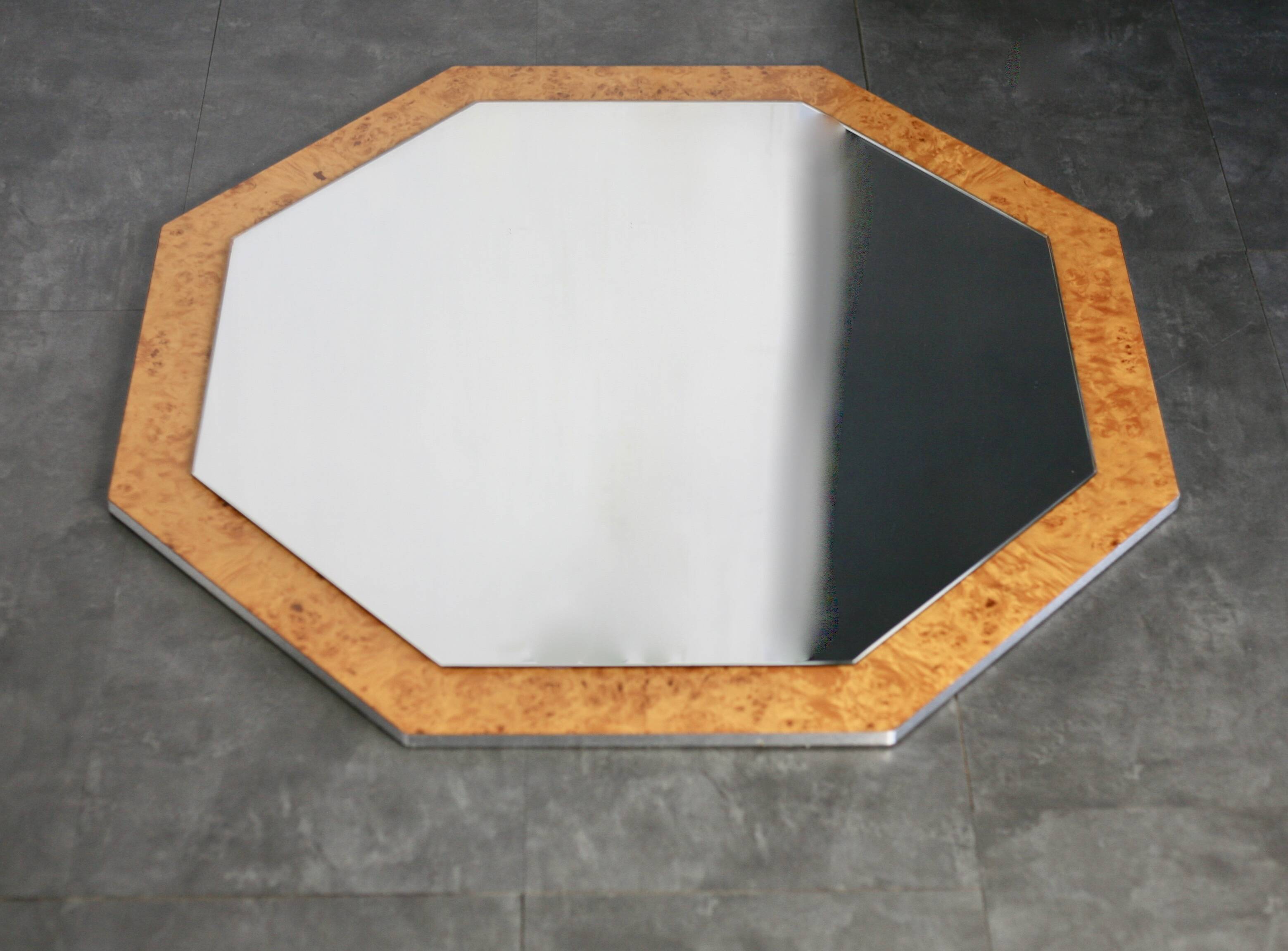 70s mirror, burl wood, metal frame