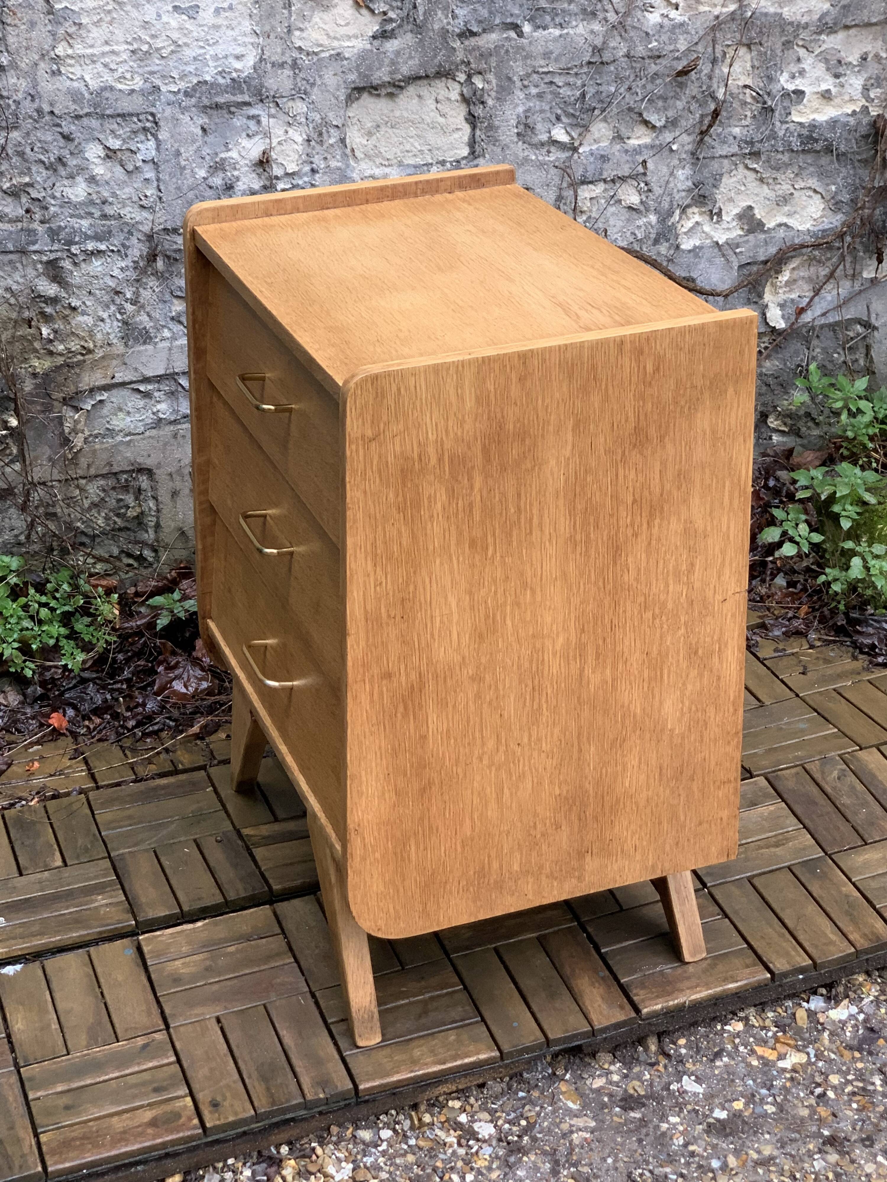 Vintage chest of drawers with compass feet, raw oak, 1960