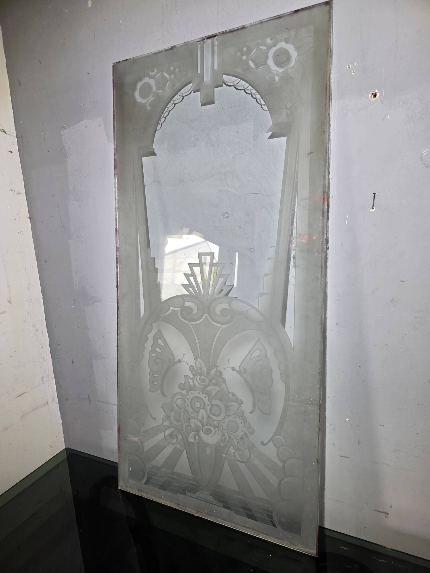 Art Deco engraved glass door panel 1930