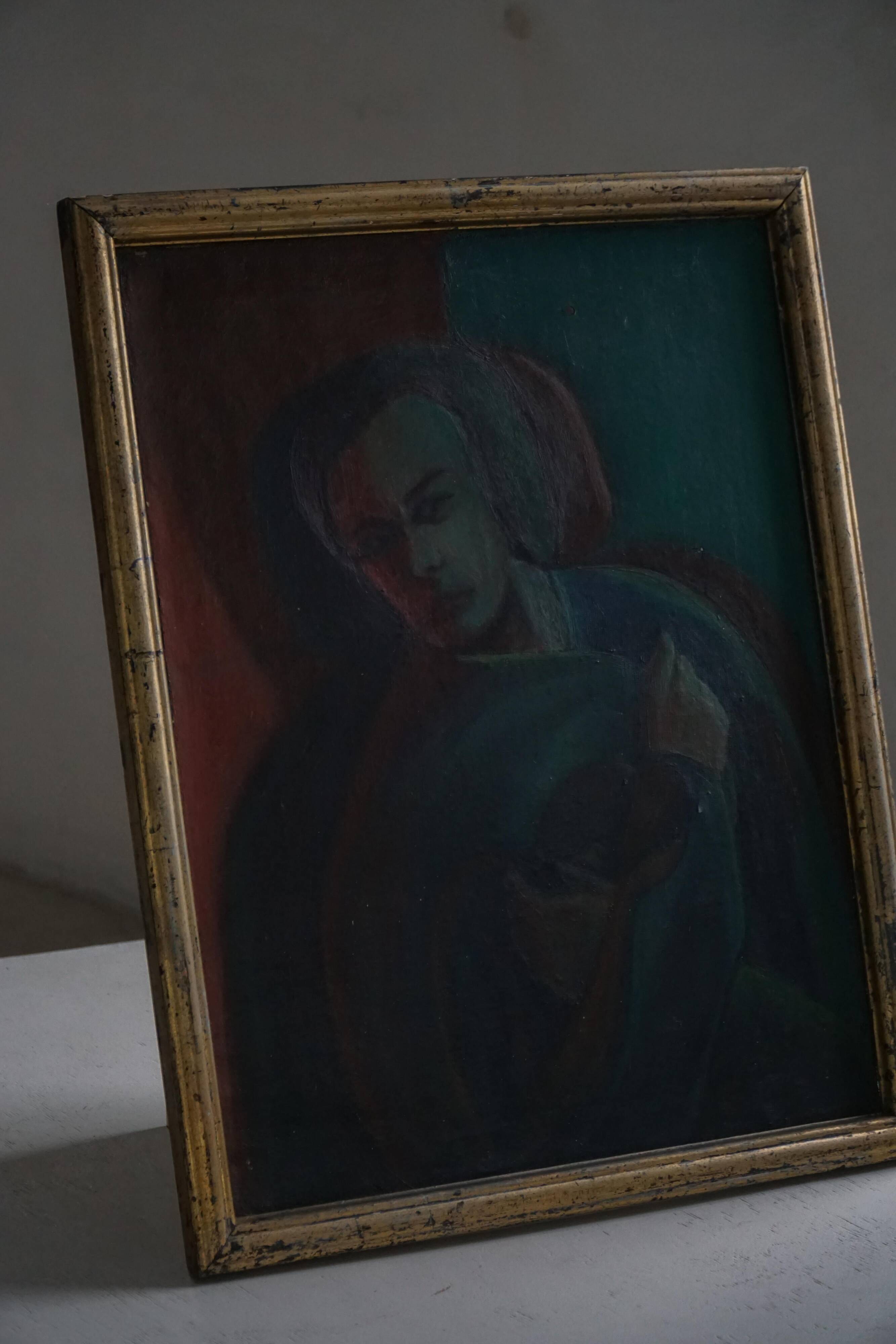 Oil portrait painting on canvas, unknown Danish artist, early 20th century.