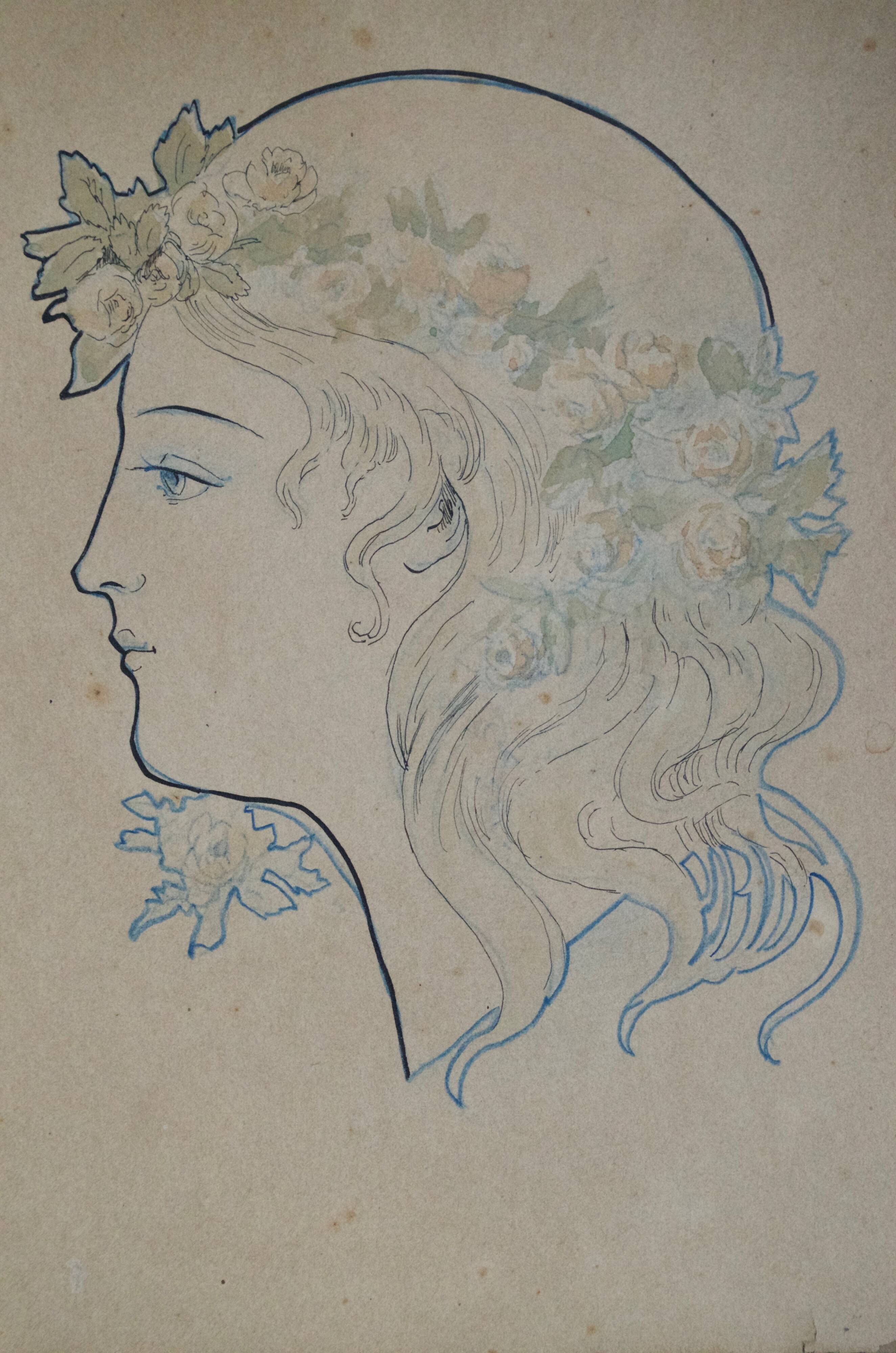 Original old drawing art nouveau portrait of a woman