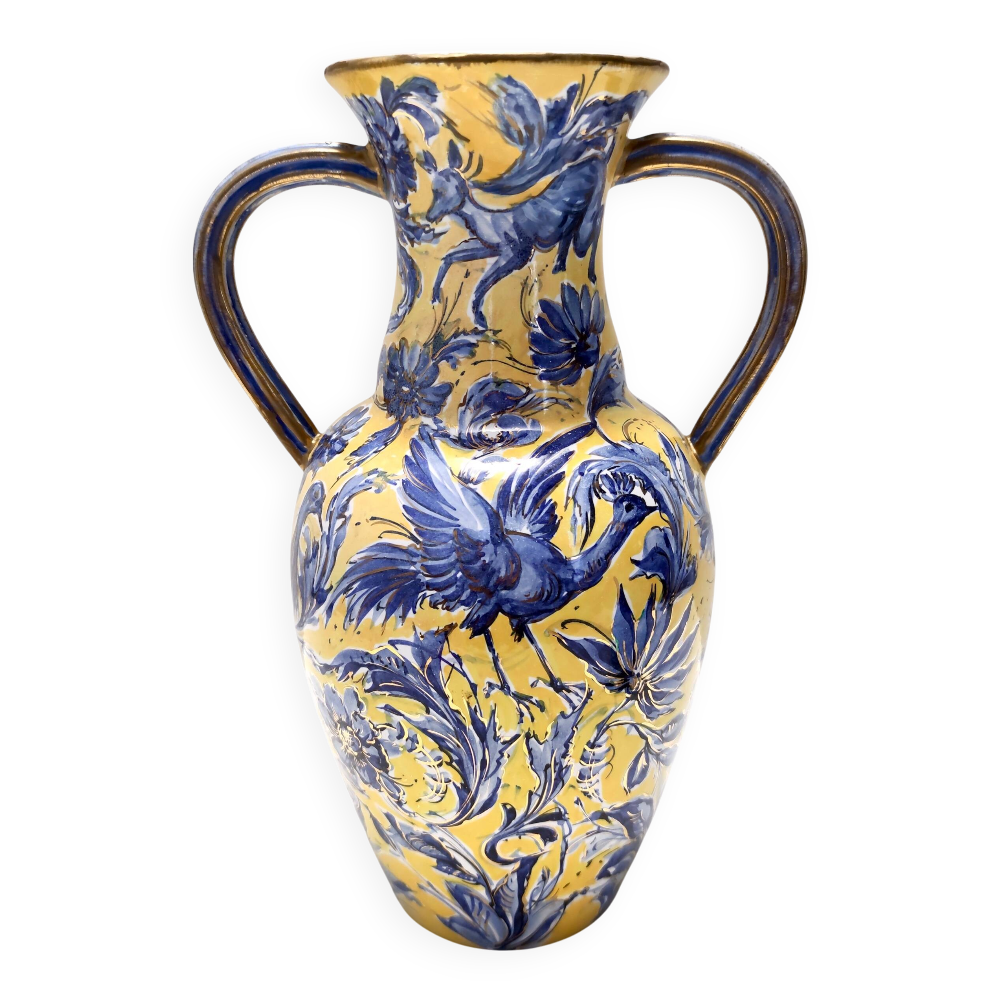 Handmade Yellow and Blue Glazed Ceramic Amphora Vase by Zulimo Aretini, Ita