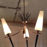 Modernist chandelier with 3 lights in gold and black metal, opaline tulip - 50s