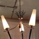 Modernist chandelier with 3 lights in gold and black metal, opaline shade - 50s