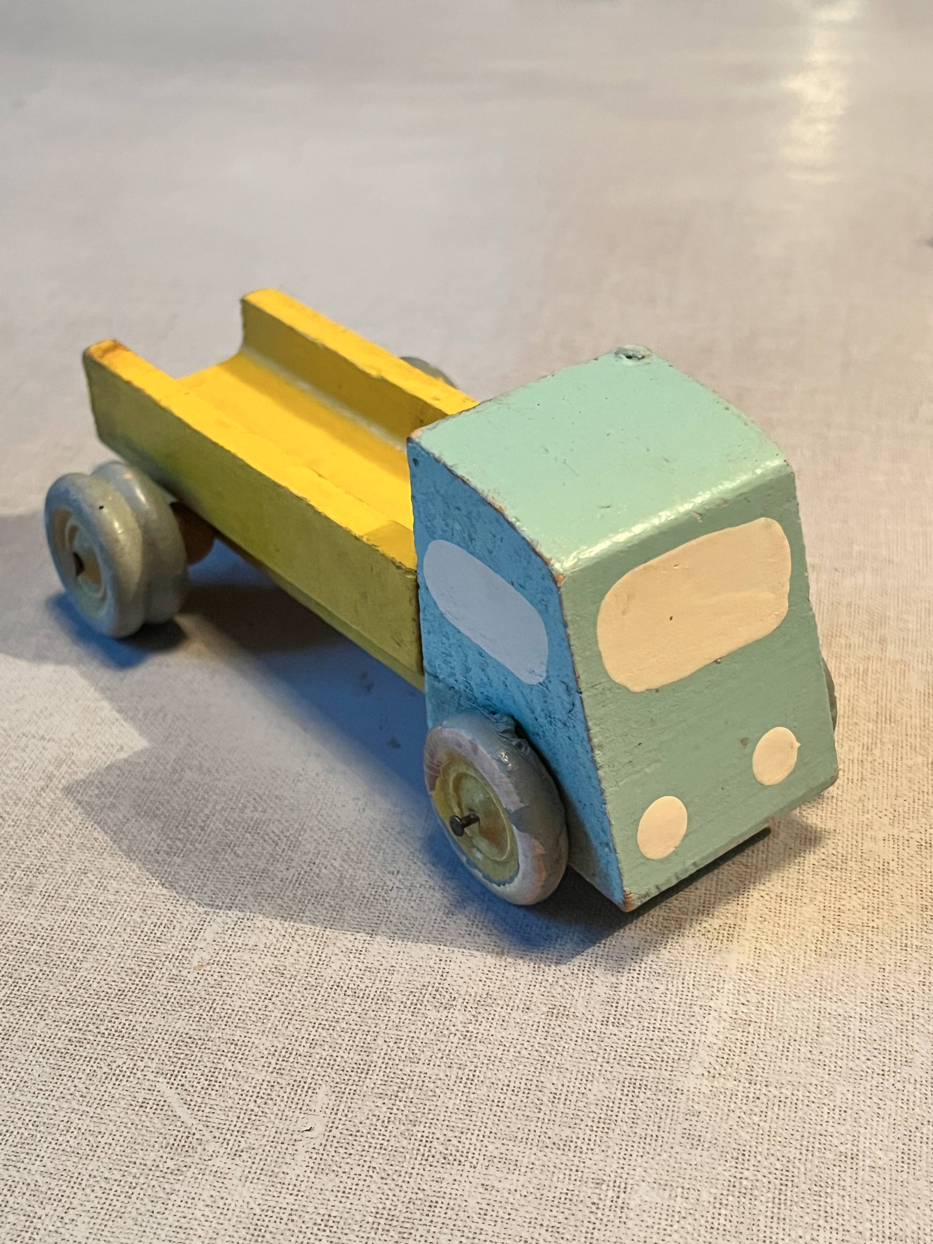 Yellow/grey wooden flatbed truck, vintage toy
