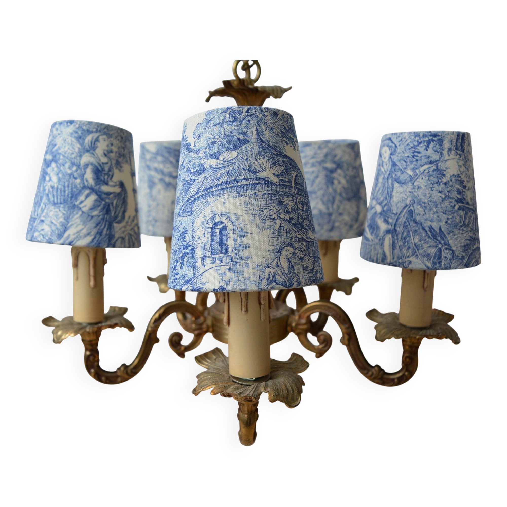 Lustre bronze, 5 abat-jours toile de Jouy