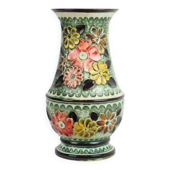 Vase en céramique à motif floral coloré, Allemagne 1960