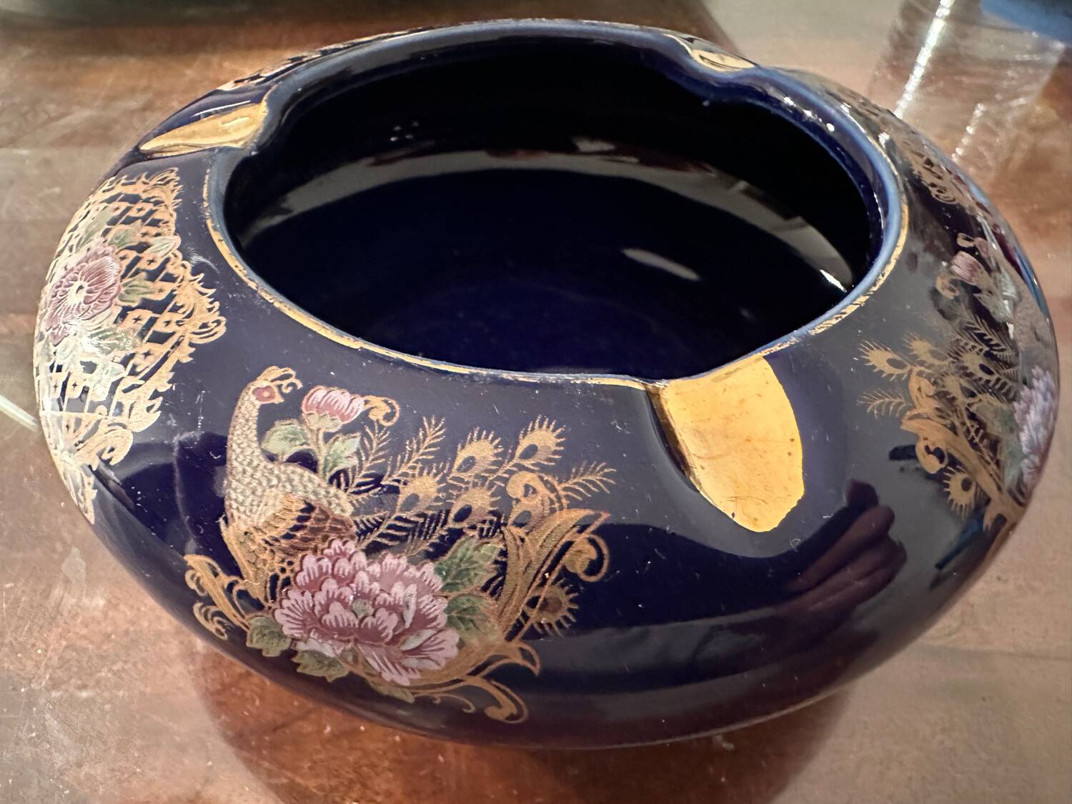 Cobalt Blue Enameled Ashtray, Golden Peacock and Floral Decor - Vintage Italy