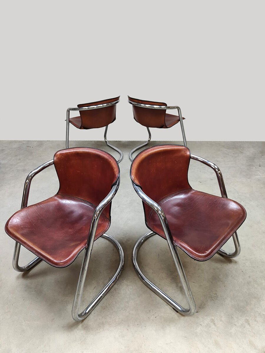 Dutch design vintage tubular chrome leather dining chairs Metaform