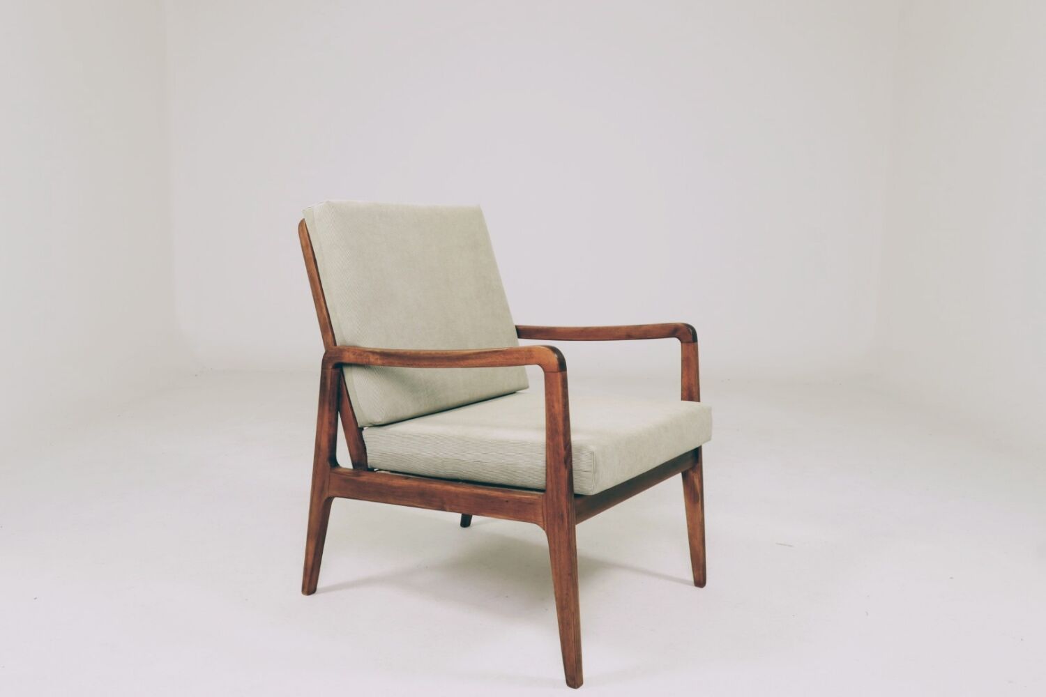 Mid-Century Armchair Corduroy Cushion Rustic Wood, 1980s