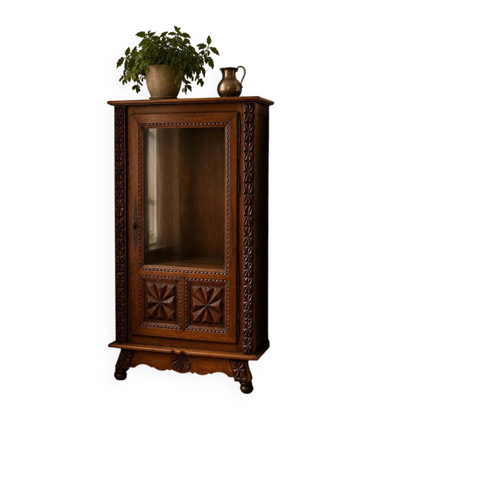 Vintage Basque display cabinet in solid oak – carved antique furniture