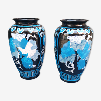 Pair of vintage vases blue and black glazed ceramic