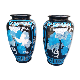 Pair of vintage vases blue and black glazed ceramic