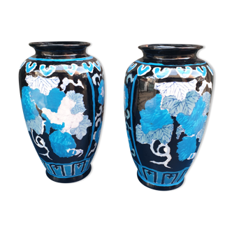 Paire de vases vintage céramique émaillée bleu et noir