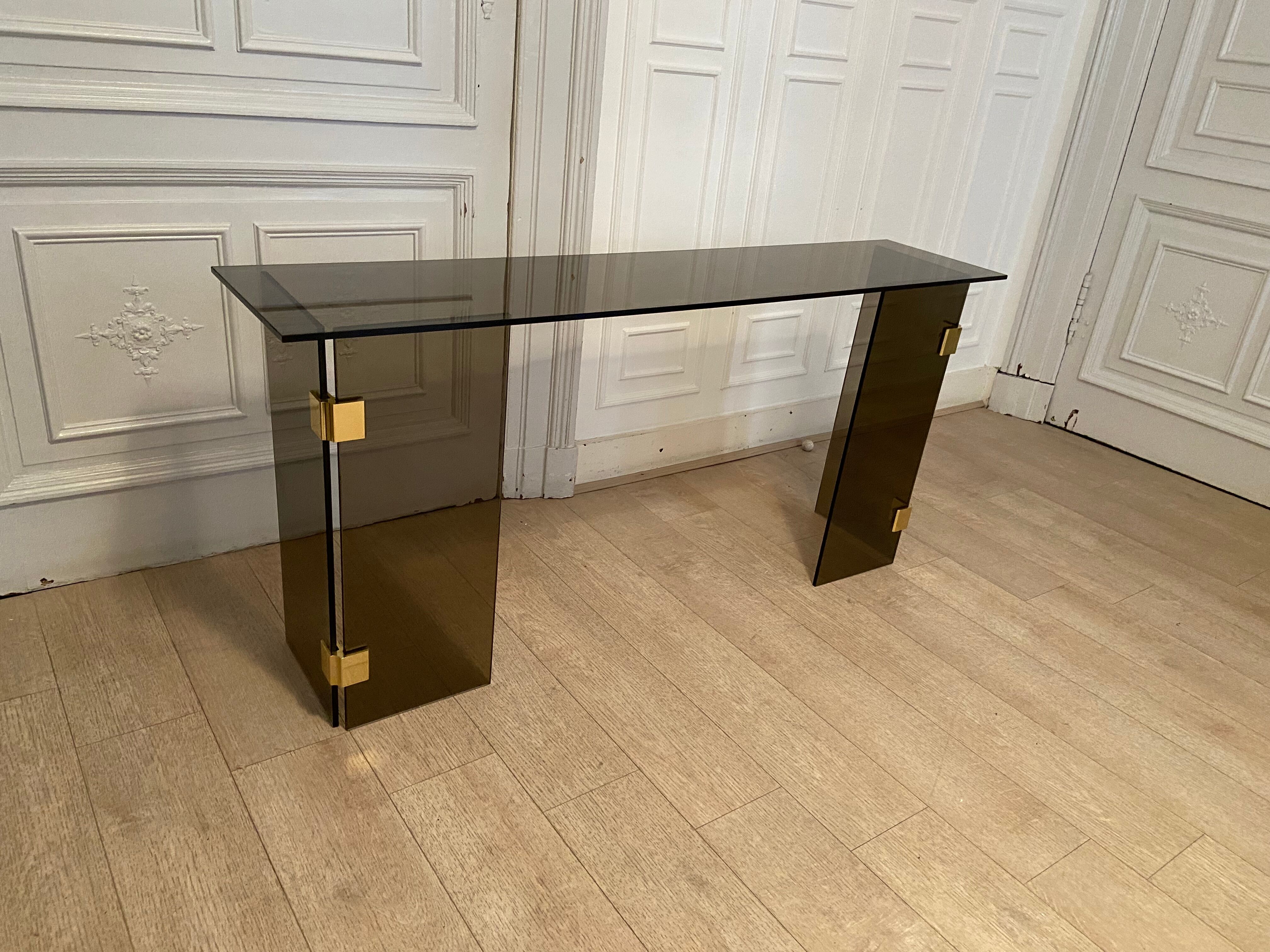 Console smoked glass and brass, 1970s