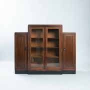 Art Deco walnut birdseye maple Amsterdam school cabinet with glass doors, 1930s