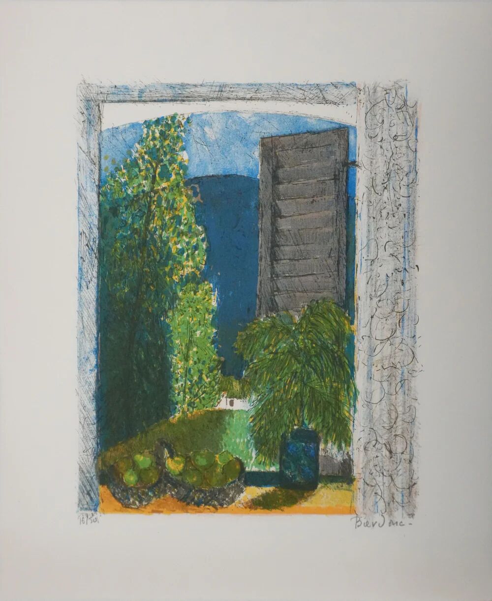 Guy Bardone: Window with Fruits, signed original lithograph.