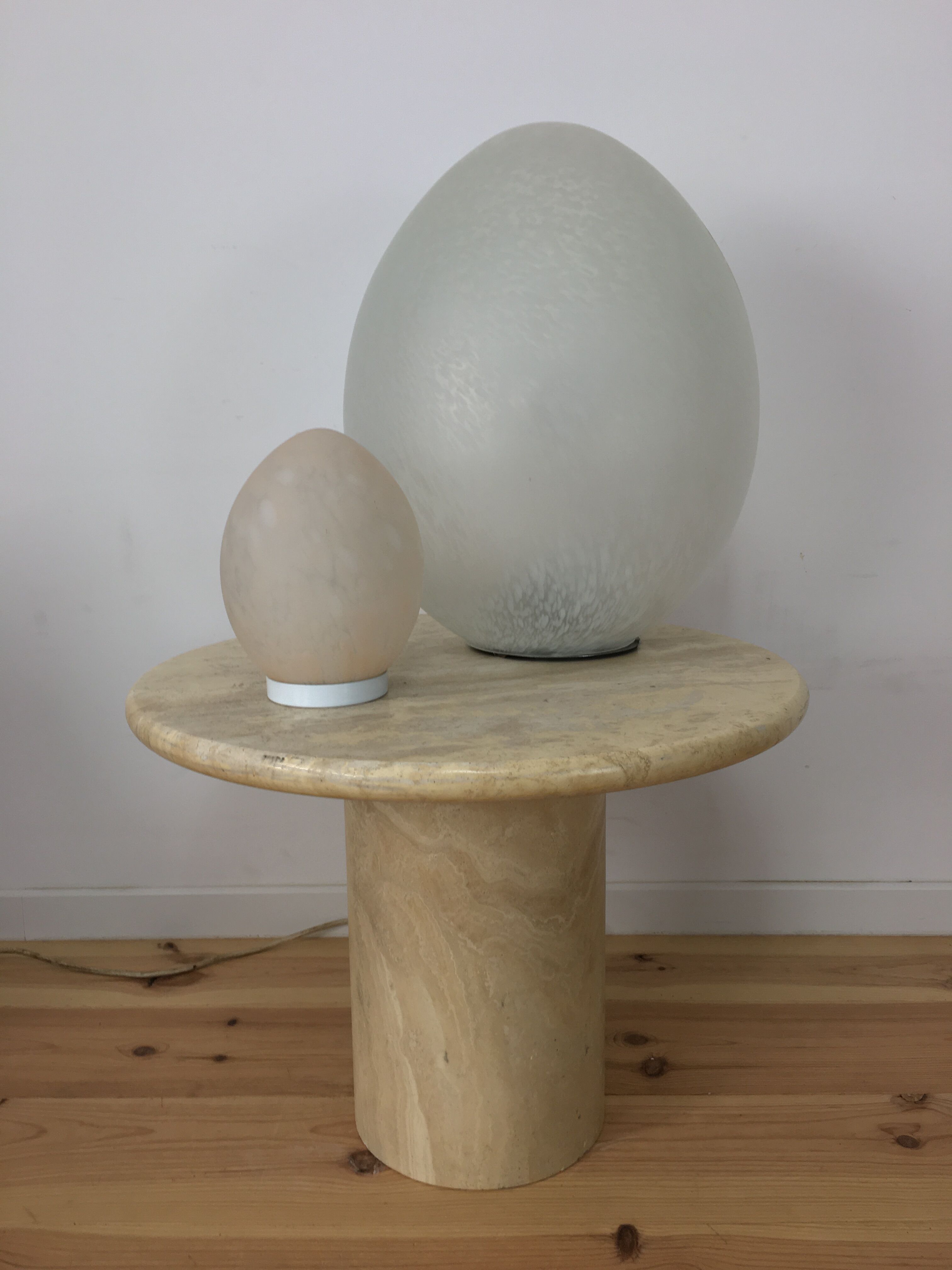 Domec egg lamps, speckled glass from Vianne, 1970s.