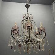 Vintage Italian Crystal Beaded Chandelier with Lilac Glass Bobeches, 1