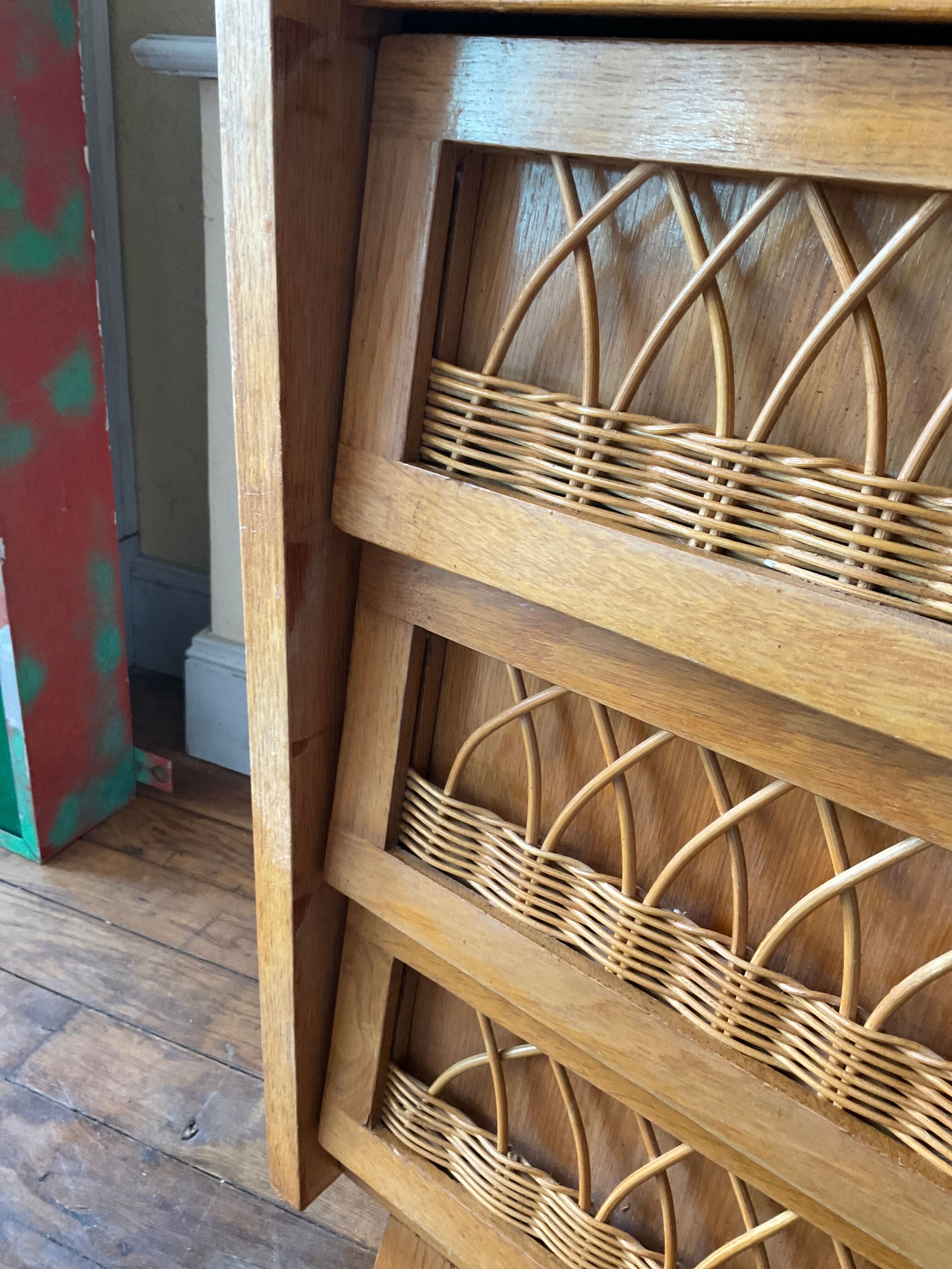 Vintage chest of drawers wood and rattan 1950