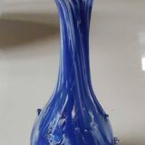 Murano style floral vase. Corolla neck, speckled cobalt blue & white. Dim 24 x 10 cm