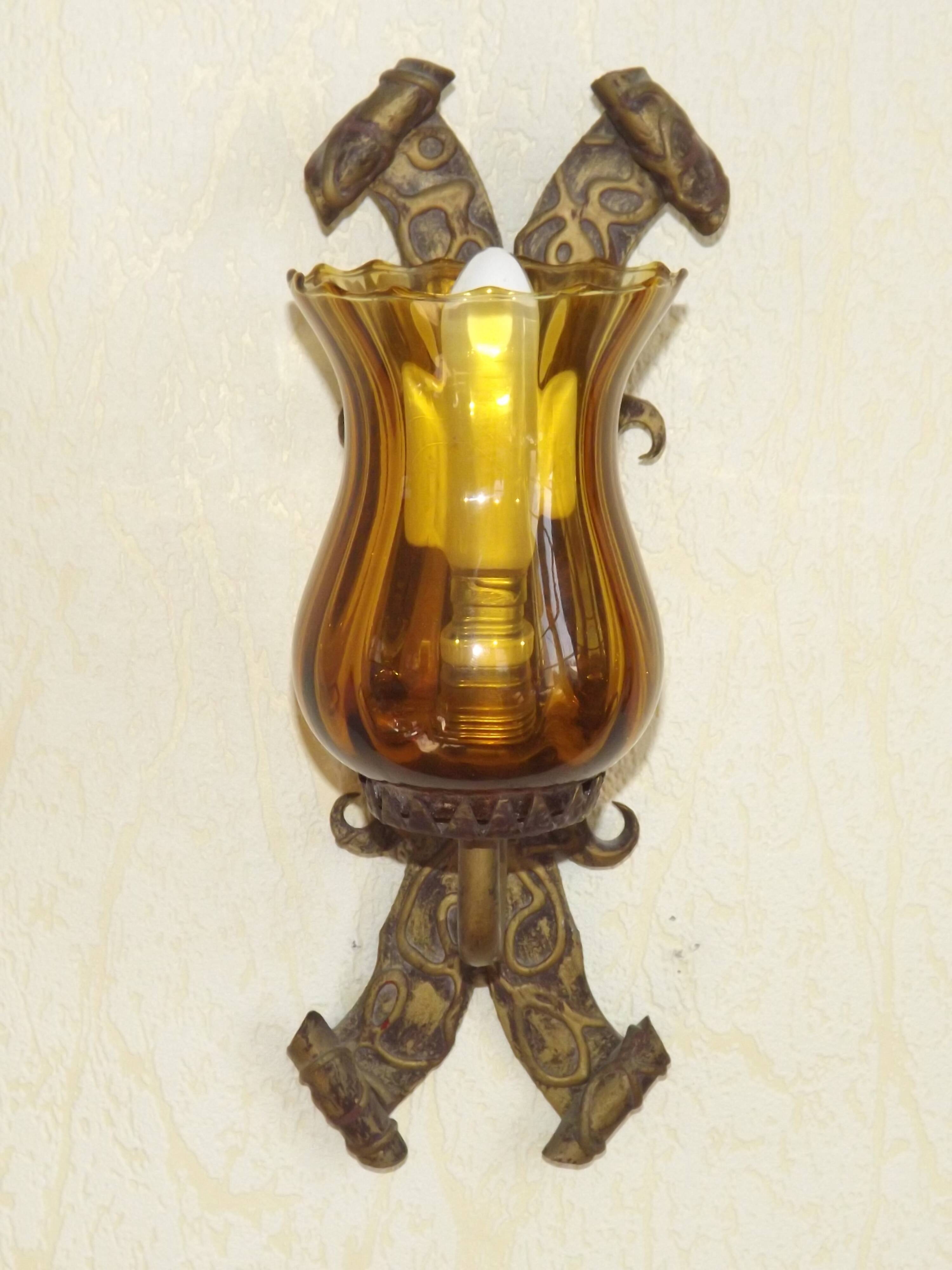 Pair of Hand Forged Wrought Iron Medieval Style Wall Lights with Amber Shades 42