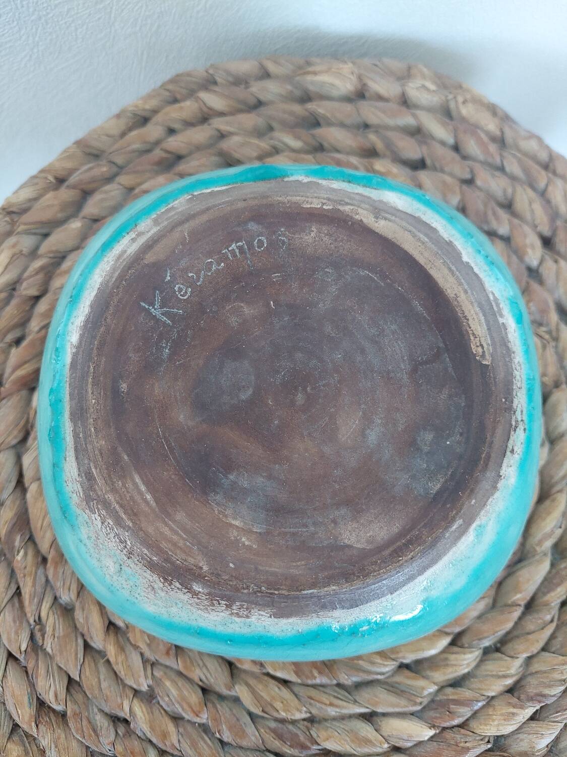 Art deco bowl signed Keramos in turquoise cracked ceramic