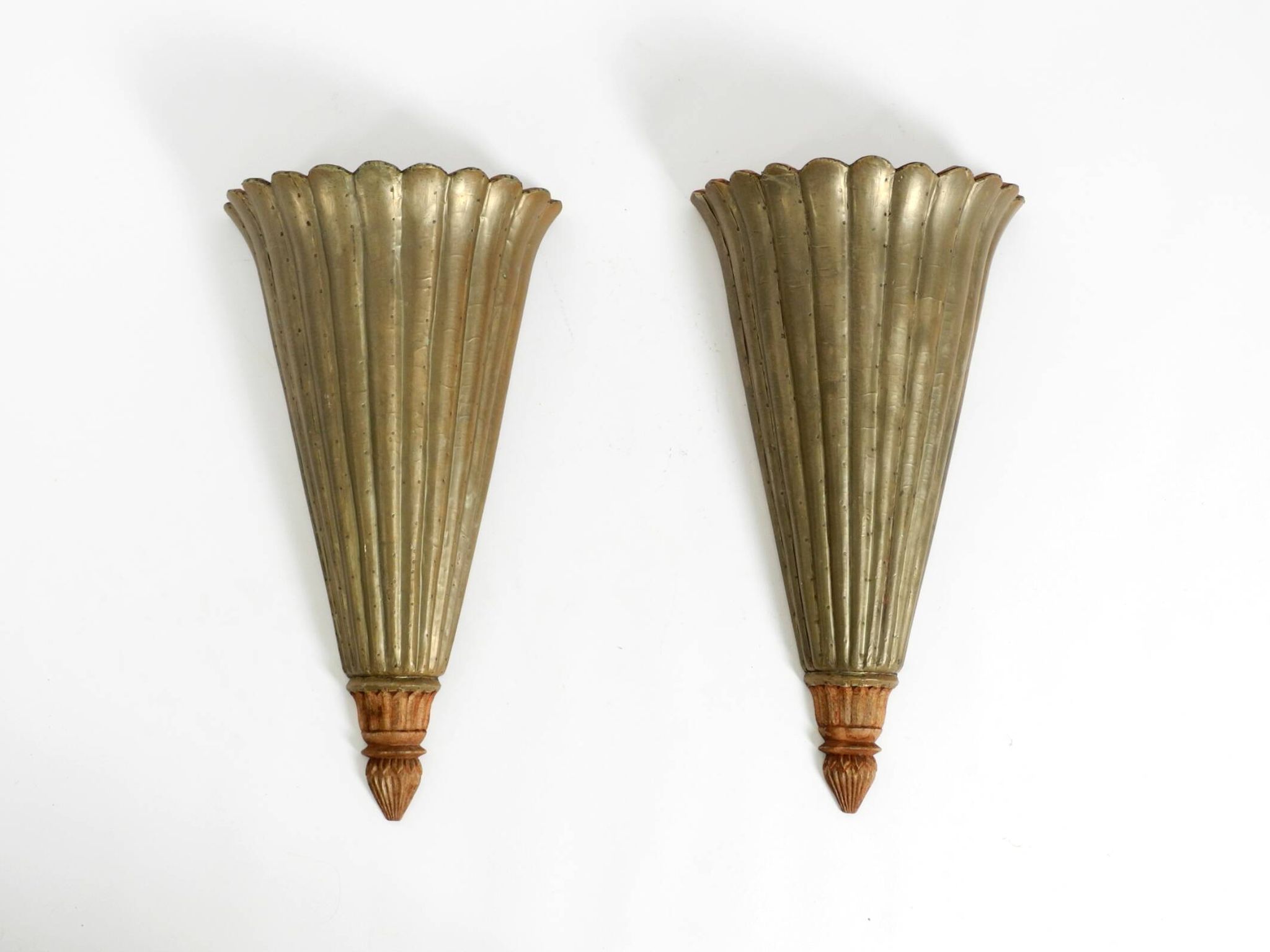 Two large, rare 1950s wall lamps made of wood with aluminum cladding