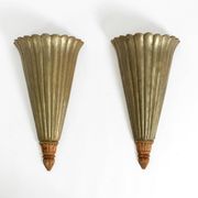 Two large, rare 1950s wall lamps made of wood with aluminum cladding