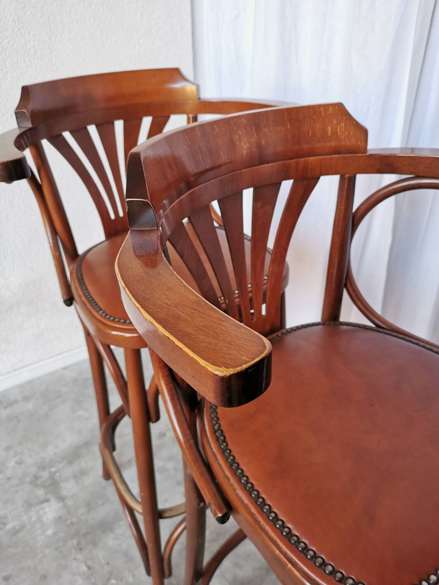 Set of 4 Vintage Bentwood Bar Stools, Brown Leather Seat, Nailhead Trim