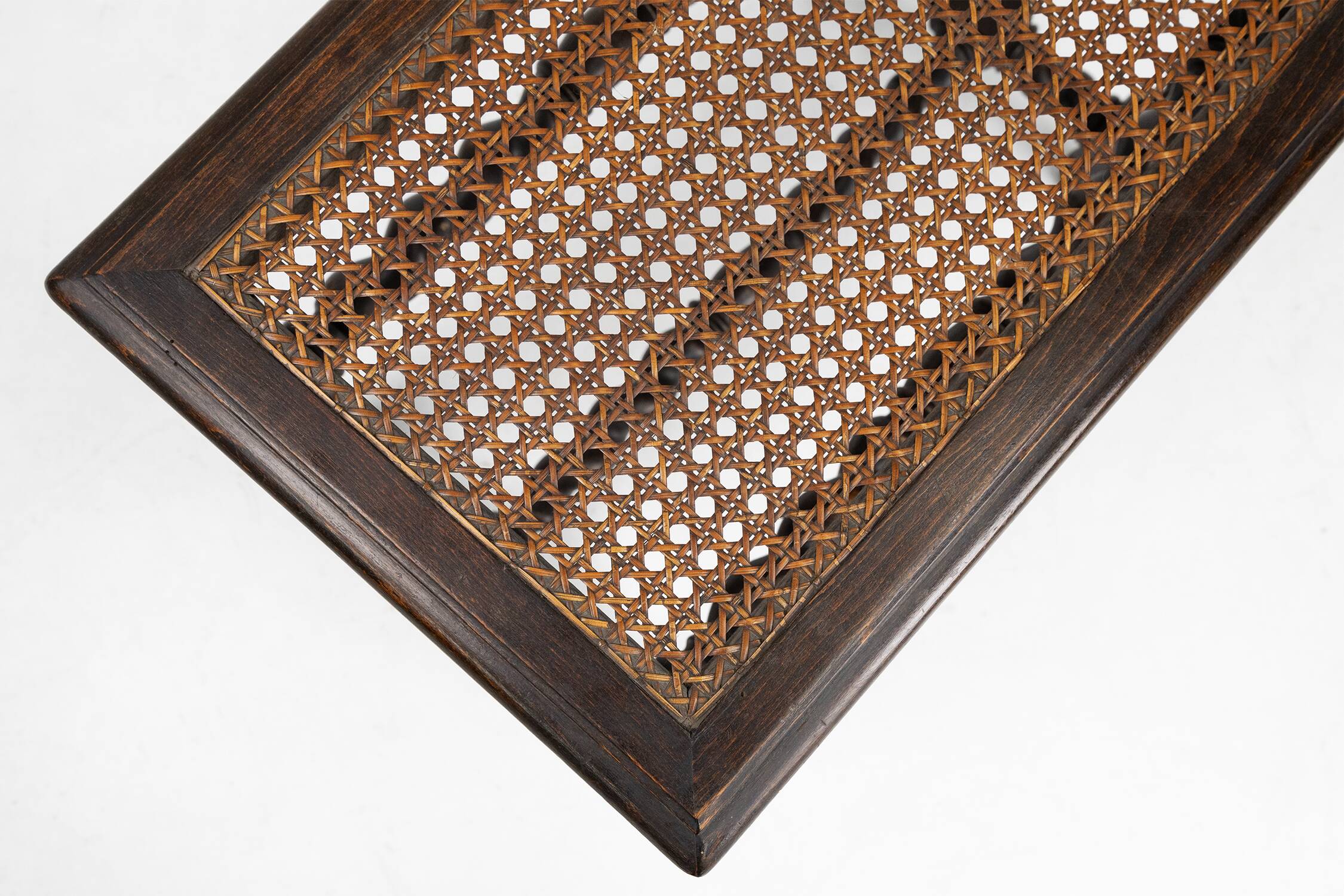 Antique French wooden stool with rattan top, ca. 1880