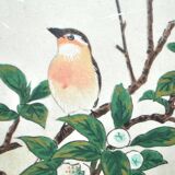 Painting enhanced engraving bird japan signed ashikaga "teaoil plant" 1950