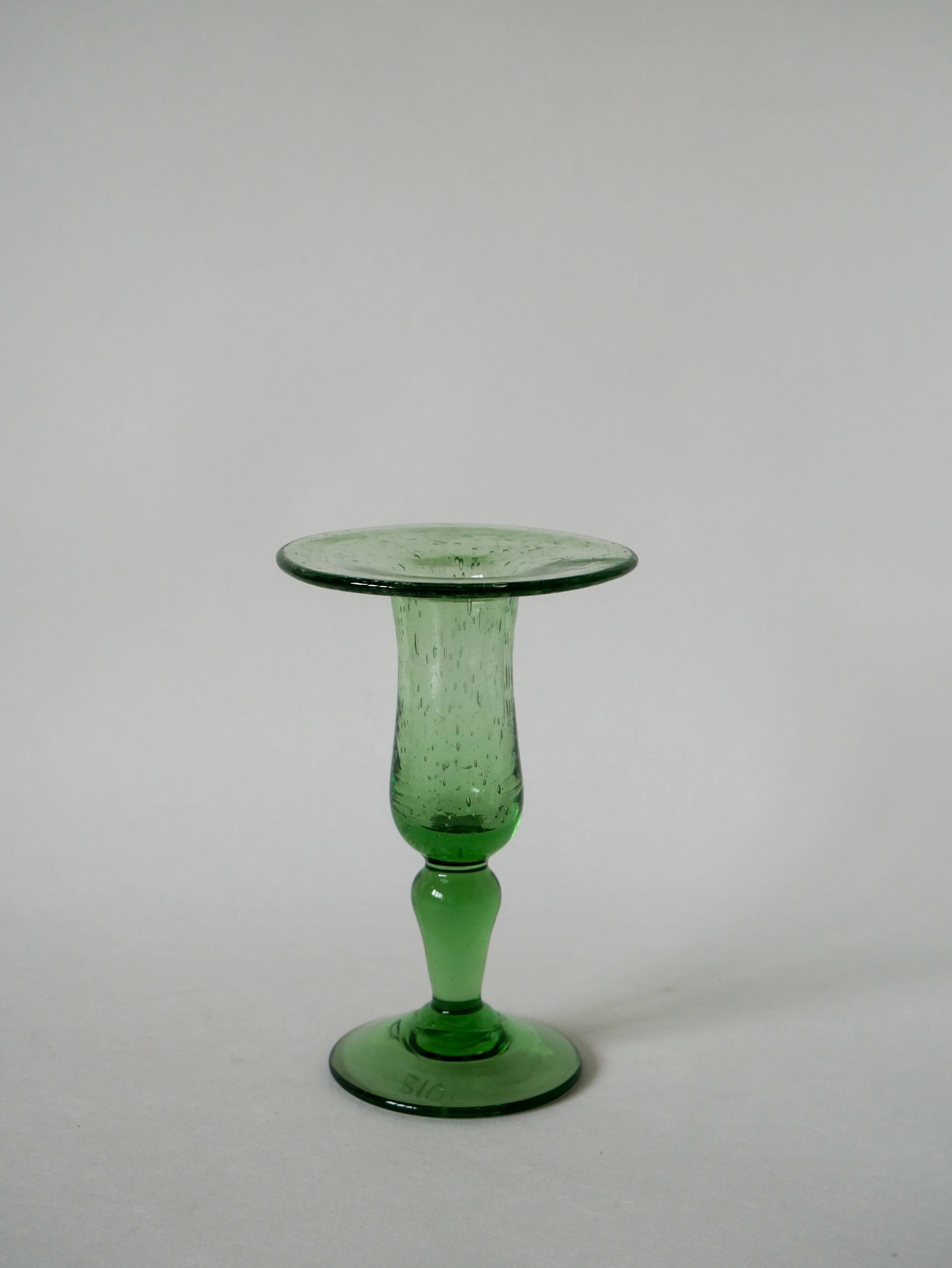 blown glass candle holder signed Biot green 1960-1970