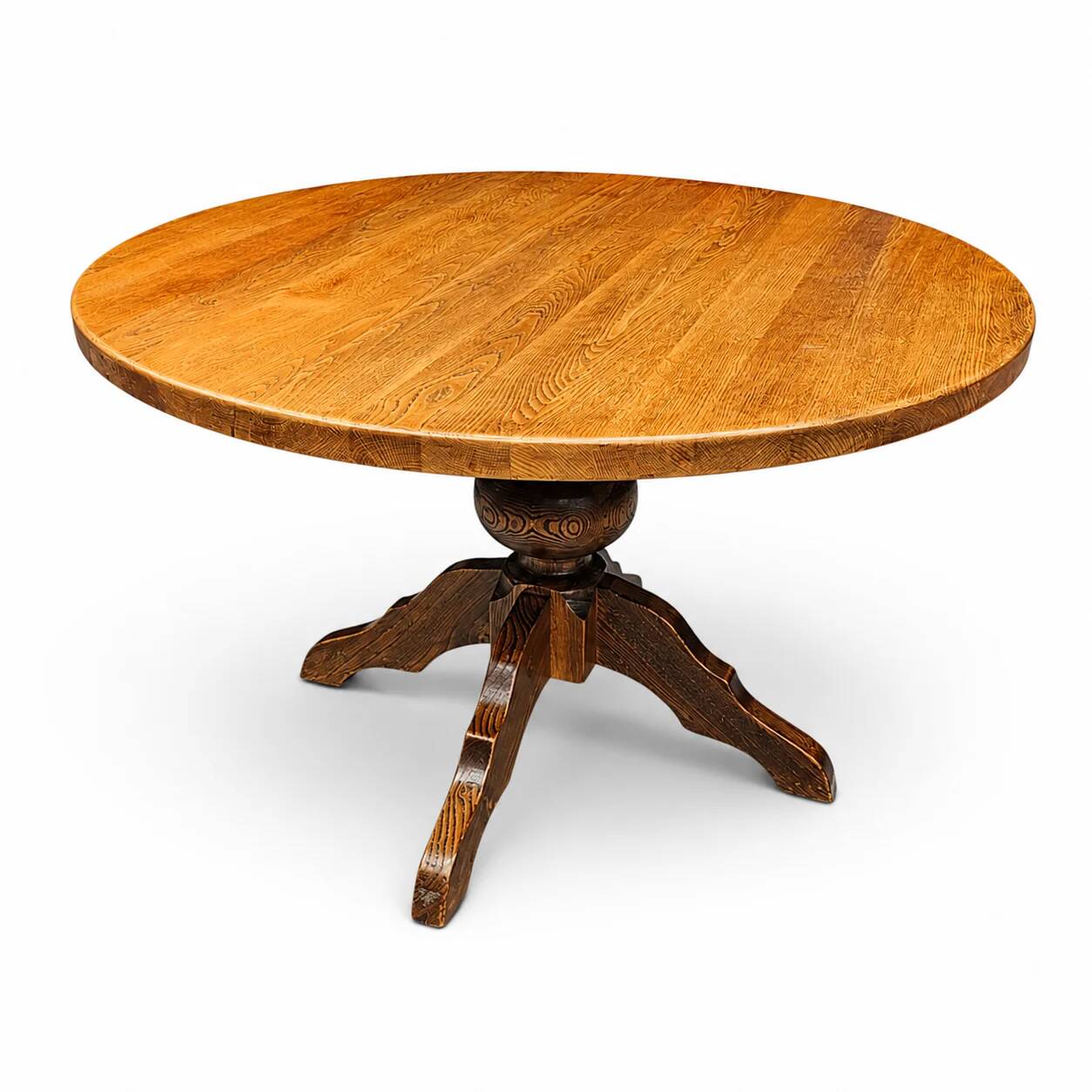 Solid oak dining table, also known as a monastery table, with a sturdy central pedestal, heavy-duty construction
