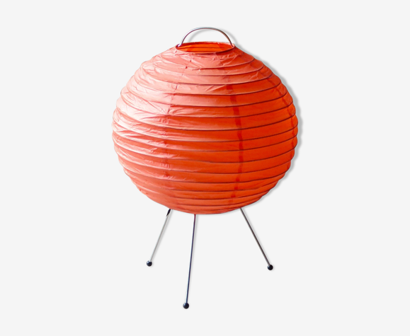 Lampe boule tripode en papier de riz orange, années 80 | Selency