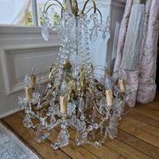 Lustre à pampilles en verre et laiton doré