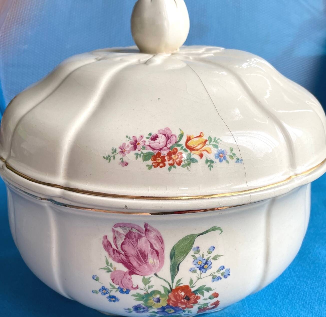 Soupière ancienne Badonviller – demi-porcelaine ivoire, fleurs et dorure